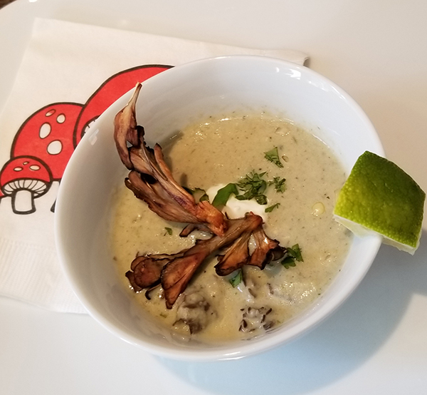 Maitake and Roasted Corn Soup with Poblanos and Crispy Maitake