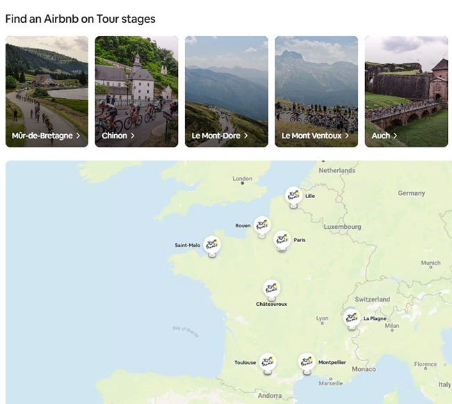 Tour de France map example with Airbnb links