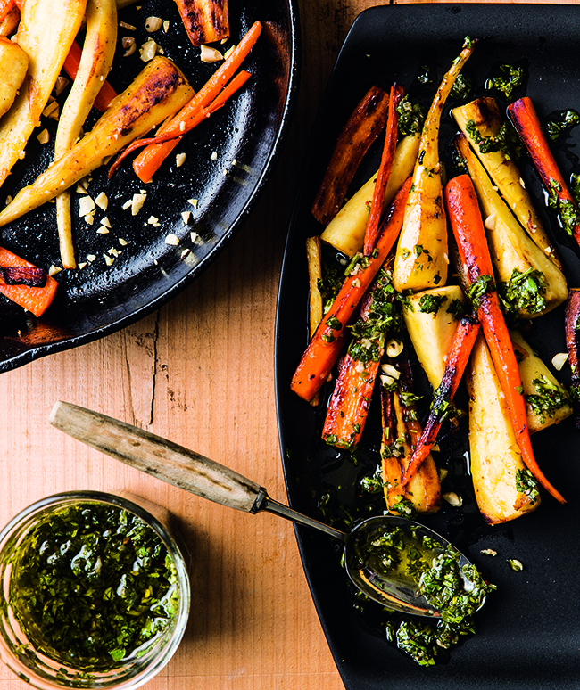 Cast iron recipe. Carrots & Parsnips with Chimichurri