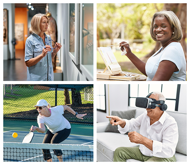 Montage of adults over 45 embracing curiosity through learning, creativity, fitness, and technology.